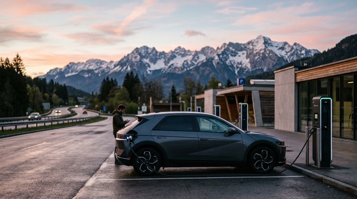 Otoyol dinlenme tesisinde şarj olan elektrikli araç, şafak
